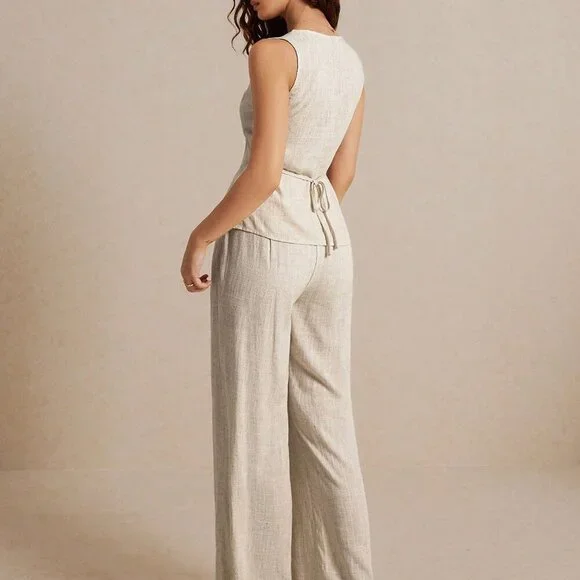 Khaki Casual Women's Summer Linen Color Linen Suit Vest Two-Piece Set - Picture 5 of 7